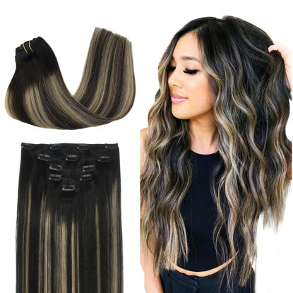 Picture of DOORES Clip in Hair Extensions Real Human Hair, 5pcs 80g 20 Inch Balayage Natural Black to Light Blonde Human Hair Extensions Clip in Remy Hair Extensions Silky Straight