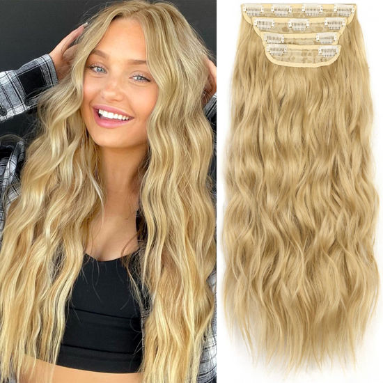 Picture of KooKaStyle Clip in Synthetic Hair Extensions Long Wavy 4PCS Thick Hairpieces Golden Blonde Fiber Double Weft Natural Hair Extensions 20 Inch for Women
