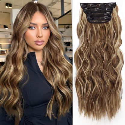 Picture of KooKaStyle Clip in Synthetic Hair Extensions Long Wavy 4PCS Honey Blonde Mixed Light Fiber Double Weft Natural Hair Extensions 20 Inch for Women