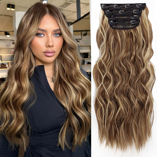 Picture of KooKaStyle Clip in Synthetic Hair Extensions Long Wavy 4PCS Honey Blonde Mixed Light Fiber Double Weft Natural Hair Extensions 20 Inch for Women