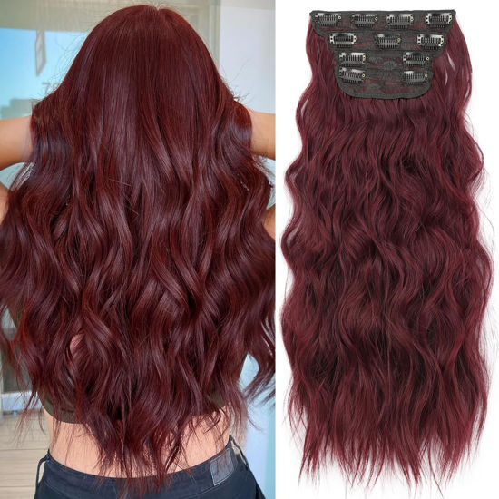 Picture of KooKaStyle Hair Extensions Burgundy Clip in Synthetic Highlight Hair Extensions Long Wavy 4PCS Thick Hairpieces 20 Inch for Women