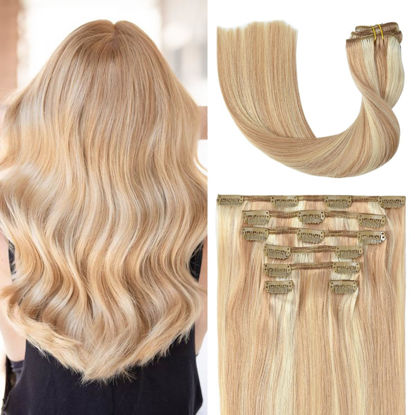 Picture of UGOTRAYS Clip in Hair Extensions Real Human Hair Strawberry Blonde Highlighted Golden Blonde Human Hair Extensions 18 Inch 70g 7pcs Double Weft Remy Hair Extensions Clip in Human Hair #12p613