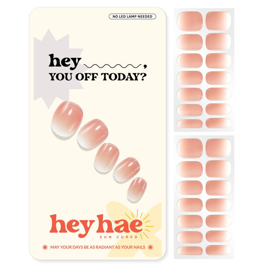 Picture of Heyhae Semi Cured Gel Nail Strips | Sun Cured Gel Nail Wraps No LED Lamp Needed Easy Apply & Remove | Includes 28 strips, 1 Prep Pad, 1 Nail File & 1 Wooden Stick - Hey, You Off Today?