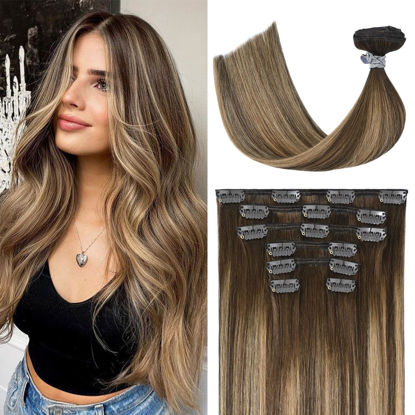 Picture of UGOTRAYS Balayage Ombre Medium Brown Fading to Honey Blonde Clip in Hair Extensions Real Human Hair 14inch 120g 100% Human Hair Natural Straight Woman Beauty