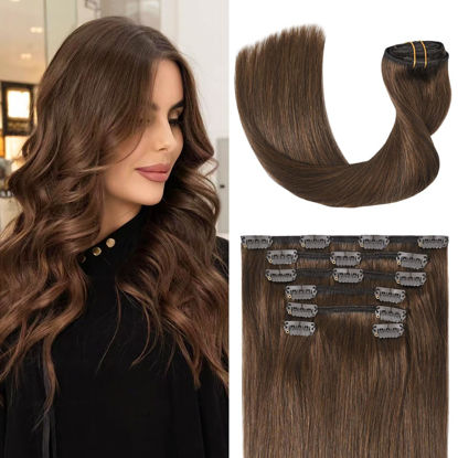 Picture of UGOTRAYS Medium Brown Hair Extensions Real Human Hair Clip in Hair Extensions 120g 7pcs 18inch,Soft & Natural Straight Double Weft Remy Hair for Women 18in #4 Chocolate Brown Hair Extensions