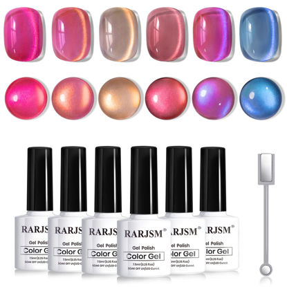 Picture of RARJSM Ceramics Glitter Cat Eye Gel Nail Polish Set 6Pcs Pink Light Purple Gold Brown Blue Velvet Shimmer Smoothie Cateye Gel Polish with Magnetic Stick UV LED Curing Require Home Salon Nail Design