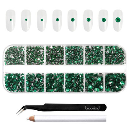 Picture of Beadsland Rhinestones for Makeup,8 Sizes 2500pcs Green Flatback Rhinestones Face Gems for Nails Crafts with Tweezers and Wax Pencil,Emerald,SS4-SS30