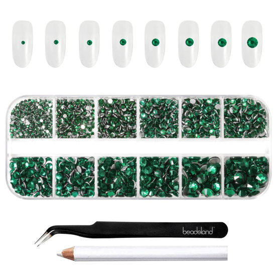 Picture of Beadsland Rhinestones for Makeup,8 Sizes 2500pcs Green Flatback Rhinestones Face Gems for Nails Crafts with Tweezers and Wax Pencil,Emerald,SS4-SS30