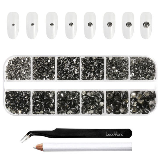 Picture of Beadsland Rhinestones for Makeup,8 Sizes 2500pcs Blackdiamond Flatback Rhinestones Eye Gems for Nails Crafts with Tweezers and Wax Pencil,Blackdiamond,SS4-SS30