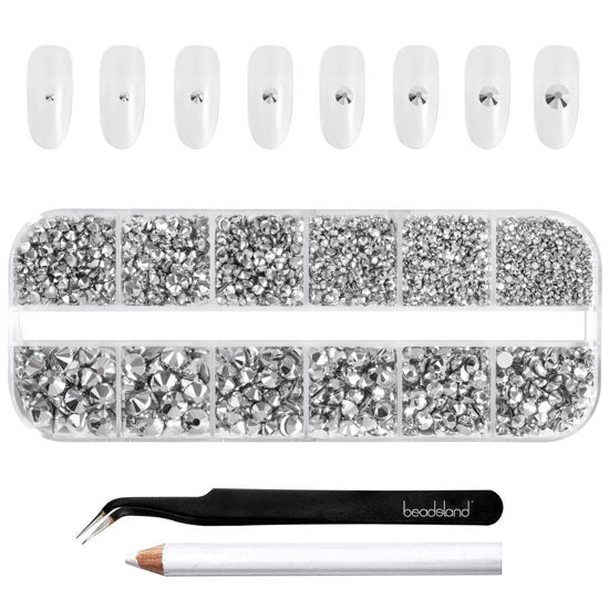 Picture of Beadsland Rhinestones for Makeup,8 Sizes 2500pcs Silver Flatback Rhinestones Eye Gems for Nails Crafts with Tweezers and Wax Pencil,Silver Hematite,SS4-SS30
