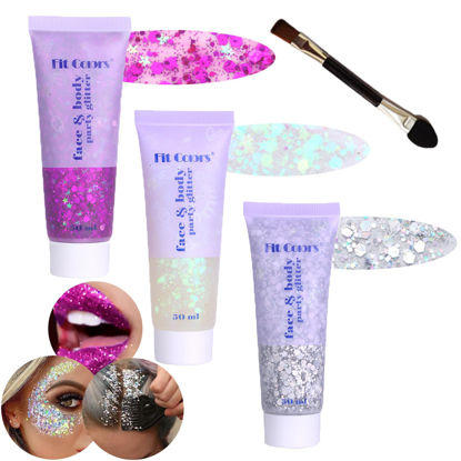 Picture of Body Glitter Face Glitter Gel: Singer Concerts Disco Festival Rave Accessories Face Glitter Makeup 150ml Chunky Sequins Mermaid Face Body Hair Glitter Gel (White&Silver&Purple)