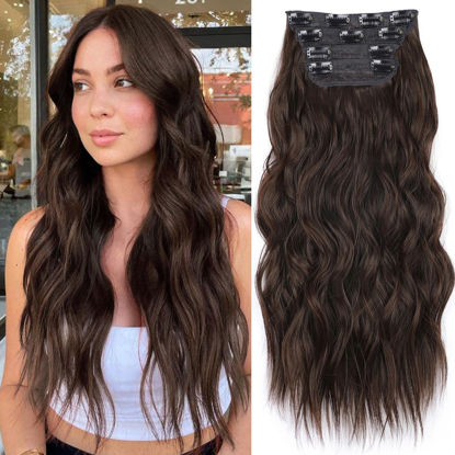 Picture of KooKaStyle Clip in Synthetic Hair Extensions Long Wavy 4PCS Thick Hairpieces Chocolate Brown 33Y# Fiber Double Weft Natural Hair Extensions 20 Inch for Women
