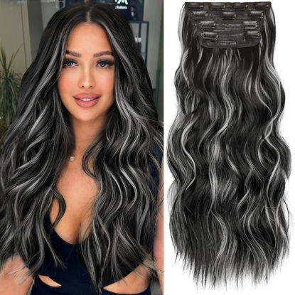 Picture of KooKaStyle Clip in Hair Extensions Long Wavy 4PCS Thick Hairpieces Synthetic Highlight Hair Extensions Black and White Mix Fiber Double Weft Natural Hair Extensions 20Inch for Women