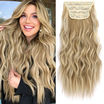 Picture of KooKaStyle Clip in Synthetic Hair Extensions Long Wavy 4PCS Thick Hairpieces Light Brown mix Golden Blonde Fiber Double Weft Natural Hair Extensions 16 Inch for Women