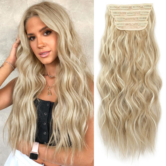 Picture of KooKaStyle Beach Blonde Hair Extensions Clip in Synthetic Highlight Hair Extensions Long Wavy 4PCS Thick Hairpieces 20 Inch for Women