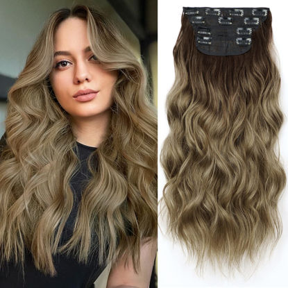 Picture of KooKaStyle Clip in Long Wavy Synthetic Hair Extension 20 Inch 4PCS Ombre Brown to Ash Blonde Hairpieces Fiber Thick Double Weft Hair Extension for Women