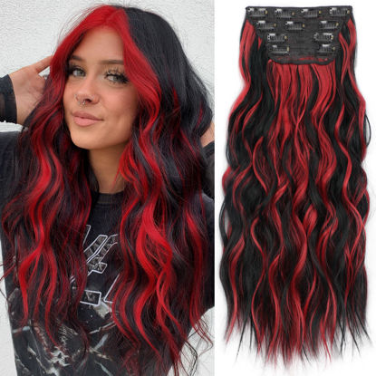 Picture of KooKaStyle Hair Extensions Black Mix Red Highlights 1B/113# Clip in Synthetic Highlight Hair Extensions Long Wavy 4PCS Thick Hairpieces 20 Inch for Women