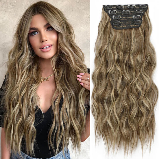 Picture of KooKaStyle Hair Extensions Light Brown mix Blonde 626D Clip in Synthetic Highlight Hair Extensions Long Wavy 4PCS Thick Hairpieces 20 Inch for Women