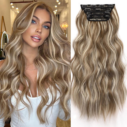 Picture of KooKaStyle Clip in Synthetic Hair Extensions Long Wavy 4PCS Thick Hairpieces Brown mix Ash Blonde P10/88 Fiber Double Weft Natural Hair Extensions 20 Inch for Women