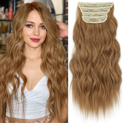 Picture of KooKaStyle Clip in Synthetic Hair Extensions Long Wavy 4PCS Thick Hairpieces Auburn Brown Fiber Double Weft Natural Hair Extensions 20 Inch for Women