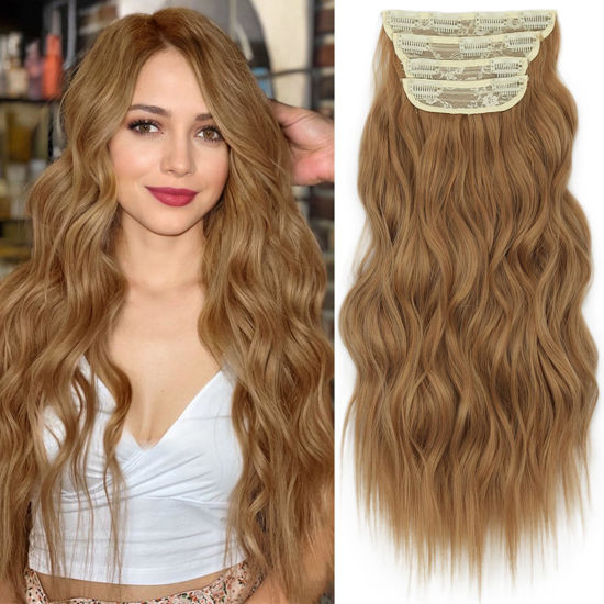 Picture of KooKaStyle Clip in Synthetic Hair Extensions Long Wavy 4PCS Thick Hairpieces Auburn Brown Fiber Double Weft Natural Hair Extensions 20 Inch for Women
