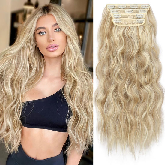 Picture of KooKaStyle Beach Blonde Hair Extensions Clip in Synthetic Highlight Hair Extensions Long Wavy 4PCS Thick Hairpieces 24 Inch Beach Blonde for Women