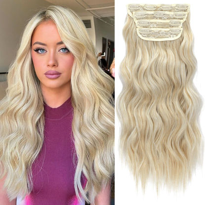 Picture of KooKaStyle Clip in Synthetic Hair Extensions Long Wavy 4PCS Thick Hairpieces Bleach Blonde mix Light Blonde Fiber Double Weft Natural Hair Extensions 20 Inch for Women