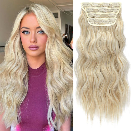 Picture of KooKaStyle Clip in Synthetic Hair Extensions Long Wavy 4PCS Thick Hairpieces Bleach Blonde mix Light Blonde Fiber Double Weft Natural Hair Extensions 20 Inch for Women