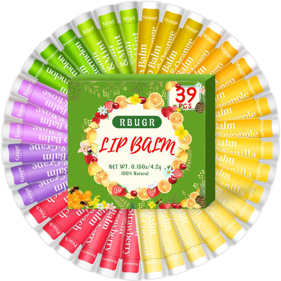 Picture of RBUGR 39 Pack of Lip Balm, 12 Flavored Lip Balm in Bulk Natural Lip Balm Set, Beeswax Moisturising & Soothing Lip Balms Bulk Gifts for Women Stocking Stuffers Party Favors(4.2g/0.15oz)