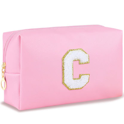 Picture of URSKYTOUS Initial Makeup Bag Personalized Cosmetic Bag with Zipper Cute Travel Toiletry Bag PU Waterproof Makeup Pouch Monogrammed Birthday Gift for Women Preppy Stuff for Teen Girls (Pink C)