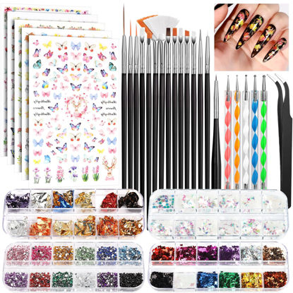 Picture of FANDAMEI Nail Art Kit, Nail Art Brushes Set, Nail Art Dotting Tools, Nail Stickers, Butterfly Nail Art Sequins, Nail Foils, Nail Art Flakes Iridescent, Rhinestones For Nails Design