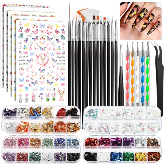 Picture of FANDAMEI Nail Art Kit, Nail Art Brushes Set, Nail Art Dotting Tools, Nail Stickers, Butterfly Nail Art Sequins, Nail Foils, Nail Art Flakes Iridescent, Rhinestones For Nails Design