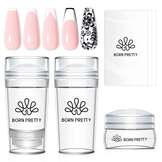 Picture of Born Pretty French Tip Nail Stamp, 6PCS Nail Art Stamper with Scrapers,Silicone Nail Stamping Long & Short Jelly Stamper Kit for French Manicure Home DIY Nail Art Salon