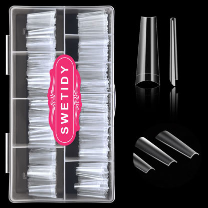 Picture of 500pcs No C Curve XL Coffin Nail Tips, SWETIDY Clear Long Coffin Shaped Acrylic Fake Nails Flattened Half Cover False Nails with Box for Nail Salon Professional and DIY Nail Art 10 Sizes