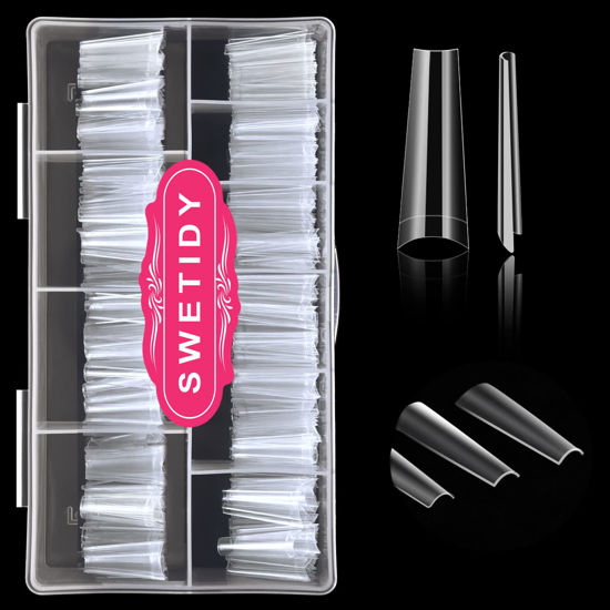 Picture of 500pcs No C Curve XL Coffin Nail Tips, SWETIDY Clear Long Coffin Shaped Acrylic Fake Nails Flattened Half Cover False Nails with Box for Nail Salon Professional and DIY Nail Art 10 Sizes
