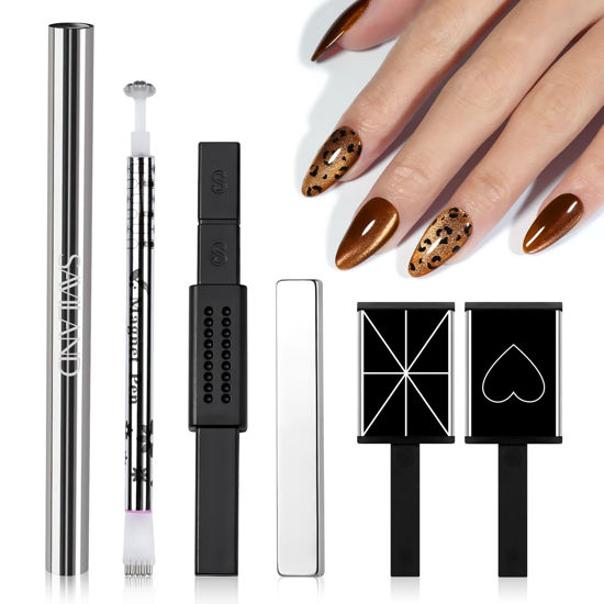 Picture of SAVILAND 6 PCS Cat Eye Magnet for Nails: Cat Eye Gel Nail Polish Magnet Multi-Functional Double-Head Nail Magnetic Wands Cat Eye Nail Magnets Sticks Heart Elongated Cylindrical Thickened Nail Art Tool
