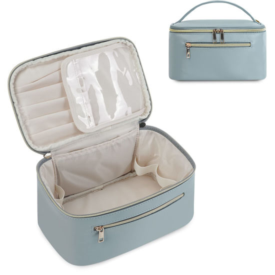Picture of Wandering Nature Makeup Bag, Travel Make Up Organizer Cosmetic Brush Bags Case for Women in Vegan Leather, Grayish Blue, Patent Pending