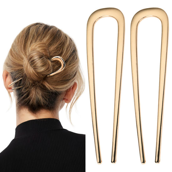 Picture of Metal French Hair Pins, 2 Pcs Gold Hair Pins for Women Girls, U-Shaped French Pins for Buns, French Twist Hair Pin, Hair Sticks, Hair Fork
