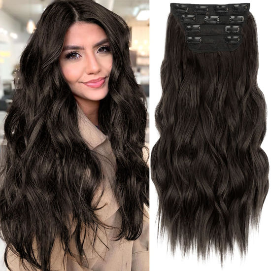 Picture of KooKaStyle Clip in Long Wavy Synthetic Hair Extension 20 Inch 4PCS Dark Brown Hairpieces Fiber Thick Double Weft Hair Extension for Women