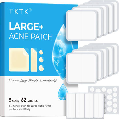 Picture of TKTK Large Pimple Patches, 60 mm XL Acne Patches, Big Hydrocolloid Bandages for Body, Face, Forehead, Chin, Neck Zit Breakouts, Hydrocolloid Patch (Square, Strip, Dot 5 Sizes 62 Count)