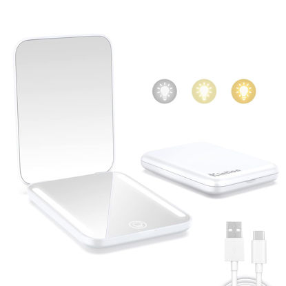 Picture of Kintion Rechargeable Pocket Mirror, Double Sided 1X/3X Magnification Compact Vanity Mirror, 3 Color Lights, Dimmable, Small Portable Wallet Mirror, Lighted Travel Mirror for Women Gifts, White