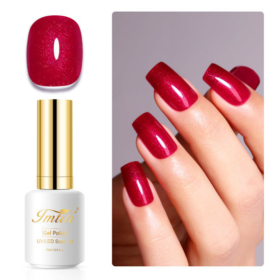 Picture of Imtiti Glitter Gel Nail Polish, 0.5 Fl Oz Ruby Red Glitter Gel Polish Soak Off LED UV Diamond Shimmer Sparkle Nail Gel Polish DIY Nail Art Starter Manicure Salon Gel Nail Polish Kit