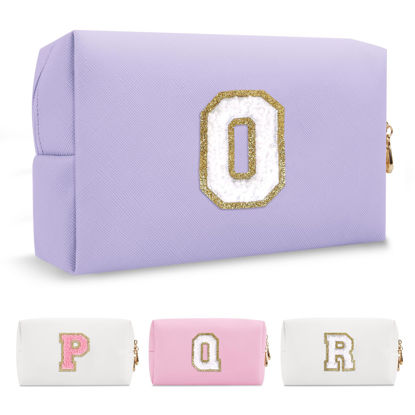 Picture of Personalized Makeup Bag Initial A-Z Preppy Patch Bag,Small PU Leather Travel Cosmetic Bag Pouch with Zipper,Purple Cute Toiletry Bag,Gift Ideal for Teen Girls Women Birthday Friend Mom,Latter O