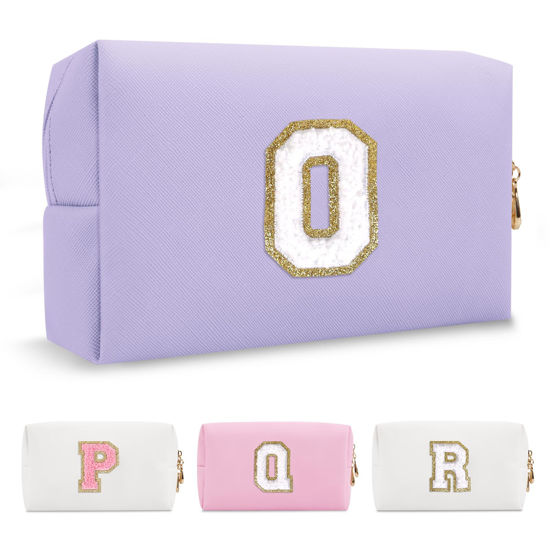 Picture of Personalized Makeup Bag Initial A-Z Preppy Patch Bag,Small PU Leather Travel Cosmetic Bag Pouch with Zipper,Purple Cute Toiletry Bag,Gift Ideal for Teen Girls Women Birthday Friend Mom,Latter O