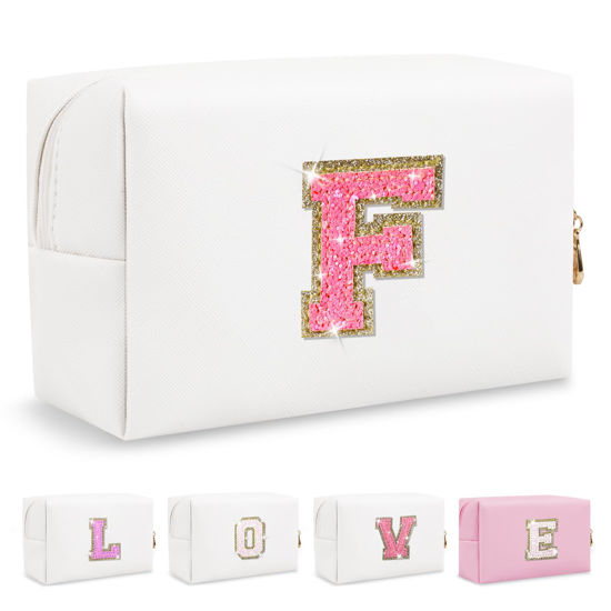 Picture of Small Personalized Initial A-Z Patch Makeup Bag,White Cute PU Leather Glitter Letter Cosmetic Bag for Teen Girls,Travel Toiletry Bag with Zipper,Preppy Monogrammed Birthday Gift for Daughter Niece F
