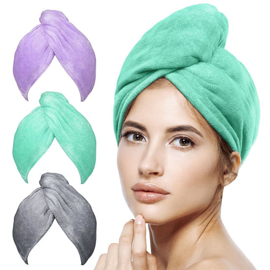 Picture of POPCHOSE Microfiber Hair Towel Wrap, 3 Packs Fast Drying Hair Turbans, Super Absorbent Hair Towel for Women, Anti Frizz Hair Wrap Towels Stocking Stuffers for Women Wet, Curly, Longer, Thicker Hair