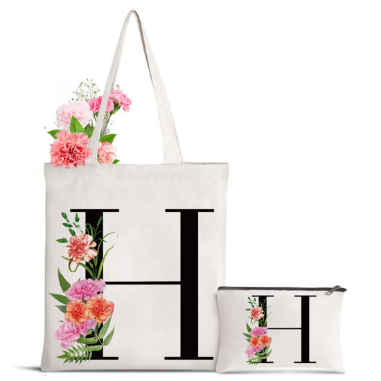 Picture of Sanuurfky Letter Initial Canvas Tote Bag Personalized Present Bag Gift for Bridesmaids Bride Teacher Birthday Wedding