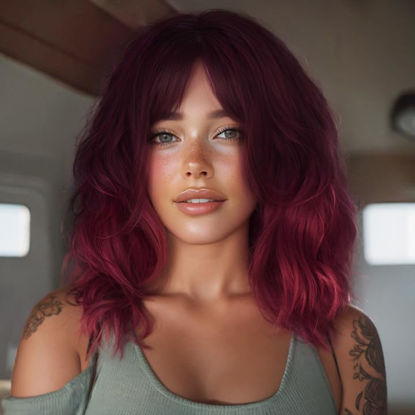 Picture of AISI HAIR Synthetic Wavy Curly Bob Wig with Bangs Ombre Dark Red Short Hair Wigs for Women Synthetic Heat Resistant Bob Wigs