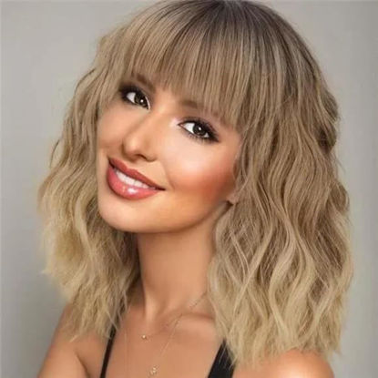 Picture of AISI HAIR Synthetic Wavy Curly Bob Wig with Bangs Ombre Blonde Mixed Short Hair for Women Synthetic Heat Resistant Bob Wigs