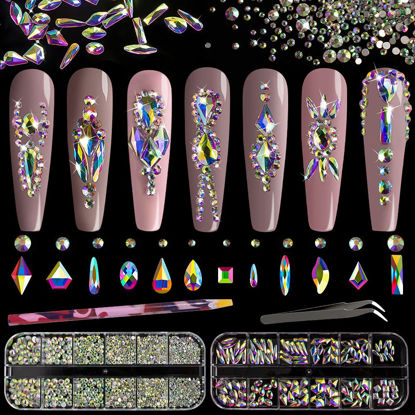 Picture of Multi Shapes 3D Glass AB Crystal Nail Art Rhinestones Kit with Flatback Round Bead Charm Gem Stone Jewelry Diamond with Pickup Pen + Tweezer for Manicure Craft Decoration by BELLEBOOST (Iridescent)